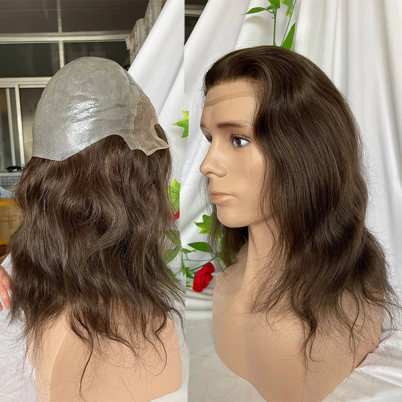 Custom Wigs Swiss Lace Front With Pu Back Human Hair Wig Toupee For Men 12inch Long Toupee Hair Wigs 3# Brown Color 180% Density 12.5X13.5inch