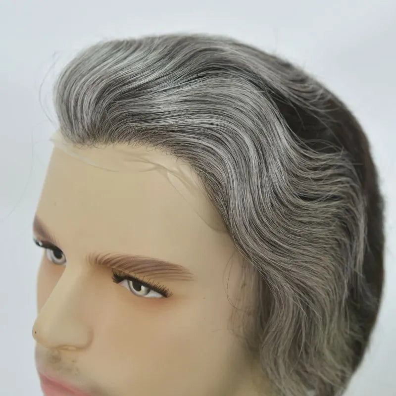Custom Toupee V-looped Thin Skin Base Hair System 1B60 60% White Synthetic Hair in Front Hairline 40% 1B# Color in Back Hairpiece For Men Hair Replacement 10x8 9x7