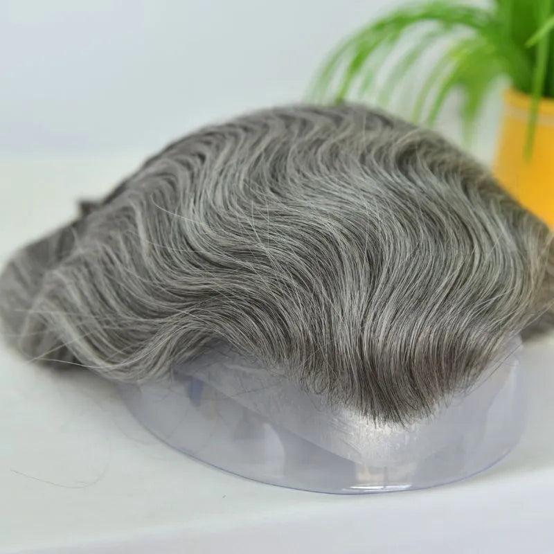 Custom Toupee V-looped Thin Skin Base Hair System 1B60 60% White Synthetic Hair in Front Hairline 40% 1B# Color in Back Hairpiece For Men Hair Replacement 10x8 9x7
