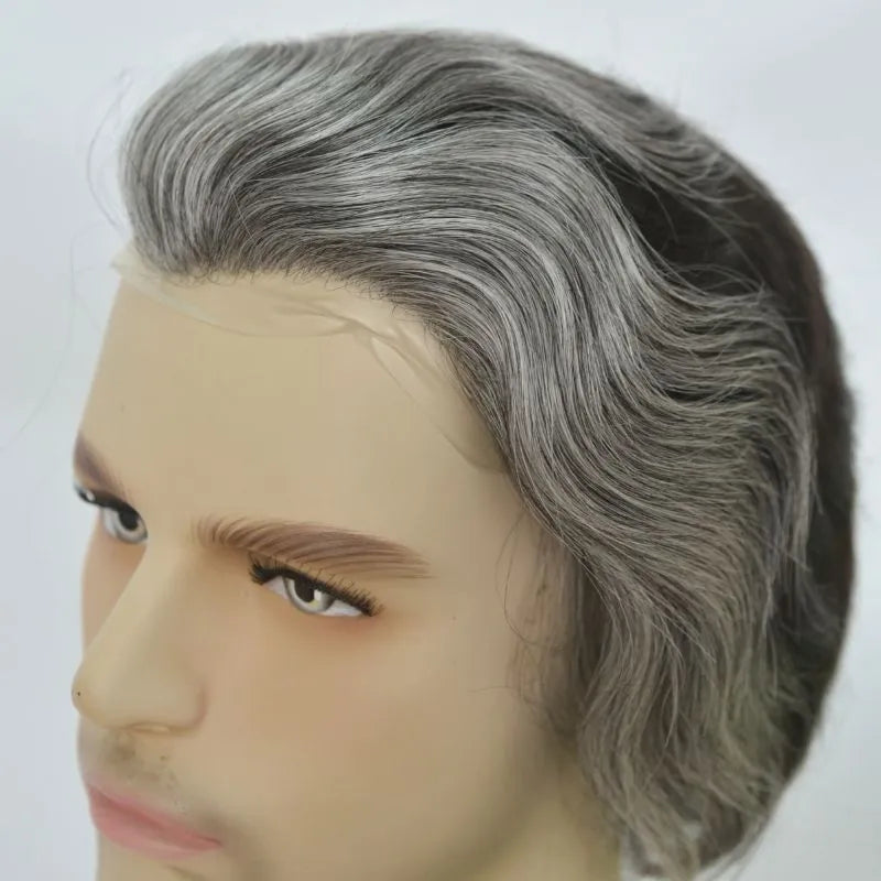 Custom Toupee V-looped Thin Skin Base Hair System 1B60 60% White Synthetic Hair in Front Hairline 40% 1B# Color in Back Hairpiece For Men Hair Replacement 10x8 9x7