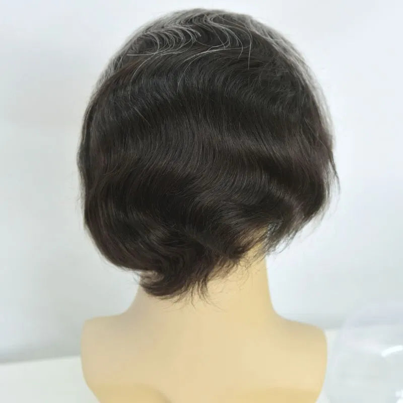 Custom Toupee V-looped Thin Skin Base Hair System 1B60 60% White Synthetic Hair in Front Hairline 40% 1B# Color in Back Hairpiece For Men Hair Replacement 10x8 9x7