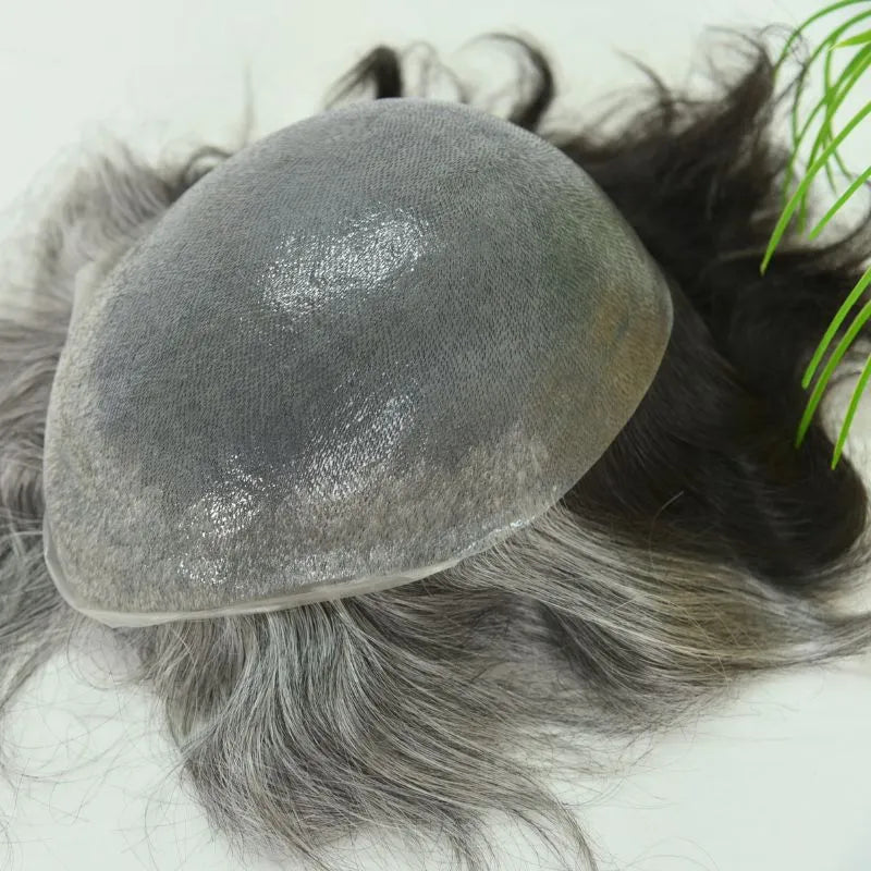 Custom Toupee V-looped Thin Skin Base Hair System 1B60 60% White Synthetic Hair in Front Hairline 40% 1B# Color in Back Hairpiece For Men Hair Replacement 10x8 9x7
