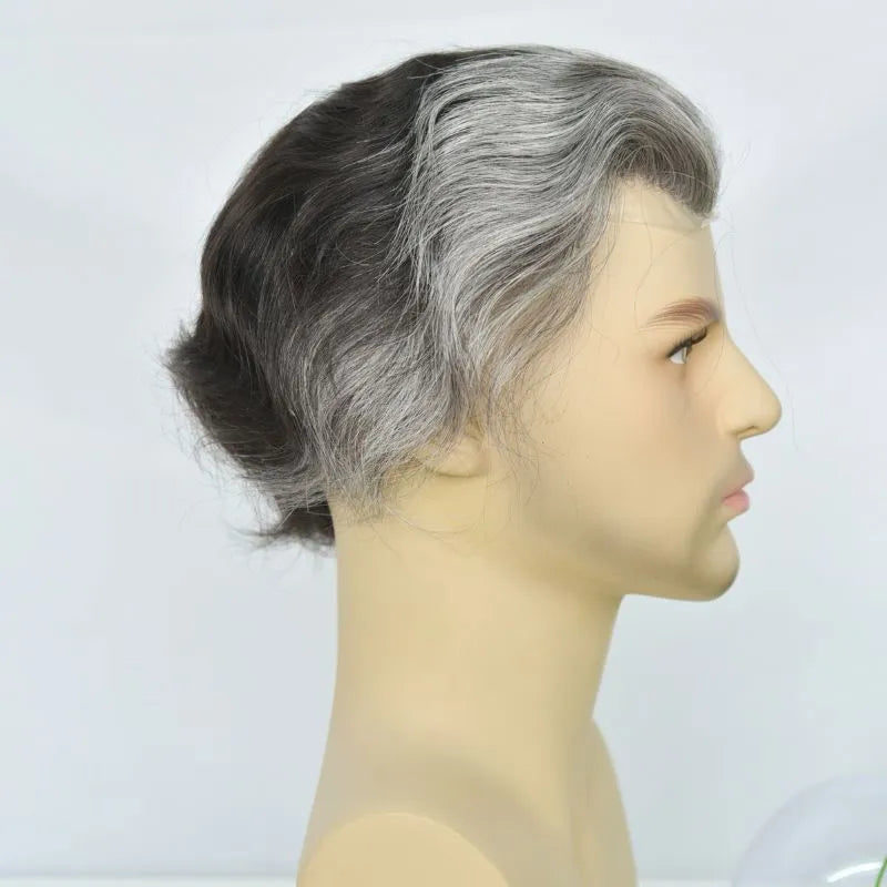 Custom Toupee V-looped Thin Skin Base Hair System 1B60 60% White Synthetic Hair in Front Hairline 40% 1B# Color in Back Hairpiece For Men Hair Replacement 10x8 9x7