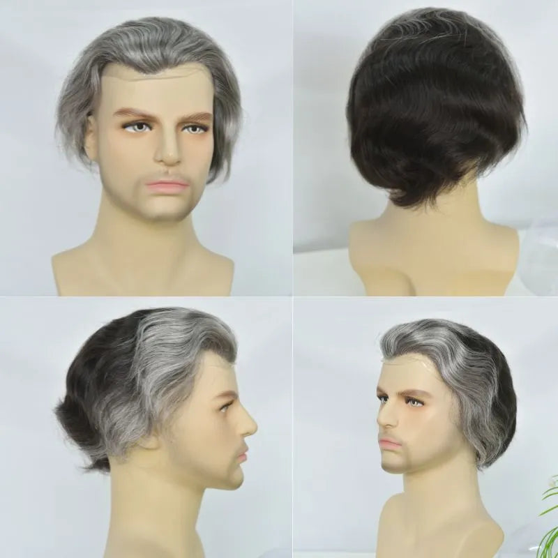 Custom Toupee V-looped Thin Skin Base Hair System 1B60 60% White Synthetic Hair in Front Hairline 40% 1B# Color in Back Hairpiece For Men Hair Replacement 10x8 9x7