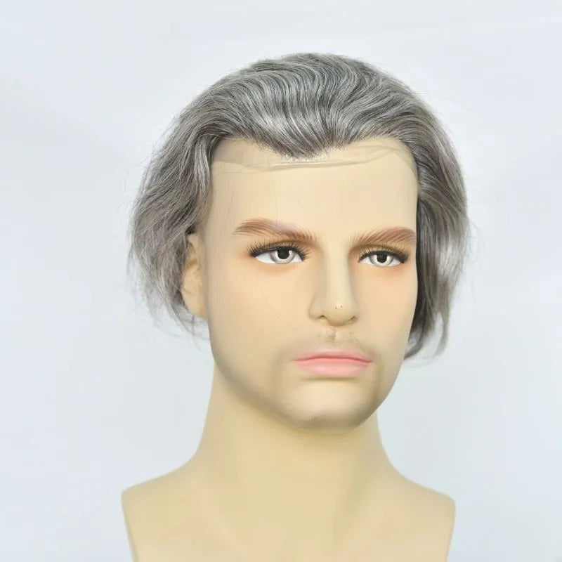 Custom Toupee V-looped Thin Skin Base Hair System 1B60 60% White Synthetic Hair in Front Hairline 40% 1B# Color in Back Hairpiece For Men Hair Replacement 10x8 9x7