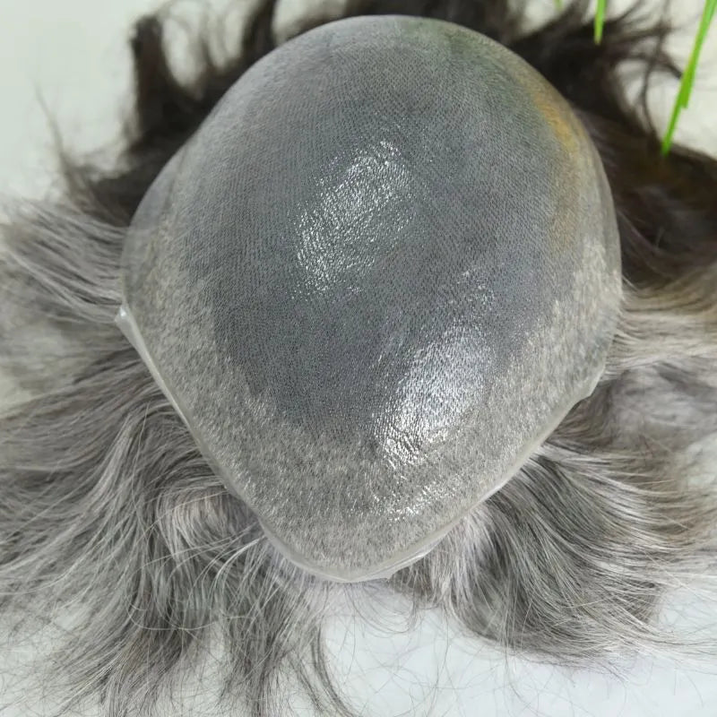 Custom Toupee V-looped Thin Skin Base Hair System 1B60 60% White Synthetic Hair in Front Hairline 40% 1B# Color in Back Hairpiece For Men Hair Replacement 10x8 9x7