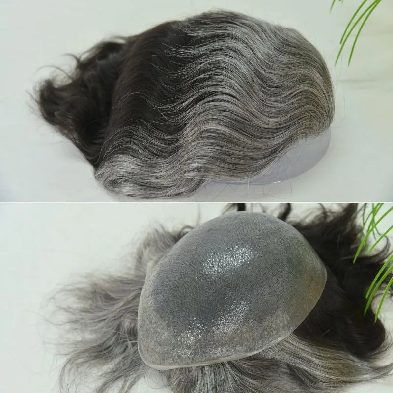 Custom Toupee V-looped Thin Skin Base Hair System 1B60 60% White Synthetic Hair in Front Hairline 40% 1B# Color in Back Hairpiece For Men Hair Replacement 10x8 9x7