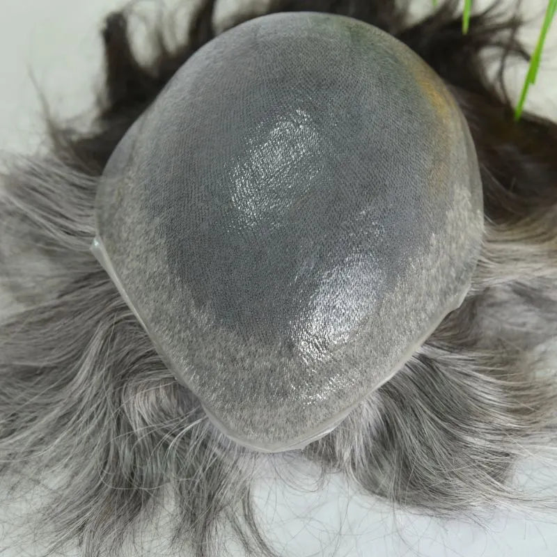Custom Toupee V-looped Thin Skin Base Hair System 1B60 60% White Synthetic Hair in Front Hairline 40% 1B# Color in Back Hairpiece For Men Hair Replacement 10x8 9x7