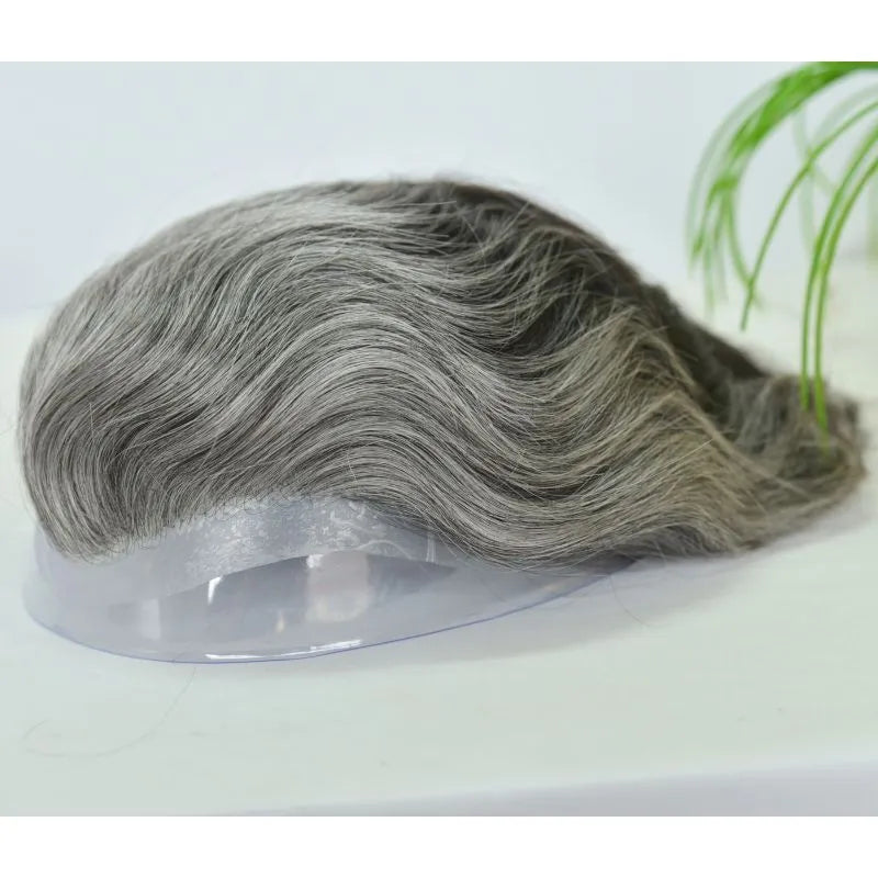 Custom Toupee V-looped Thin Skin Base Hair System 1B60 60% White Synthetic Hair in Front Hairline 40% 1B# Color in Back Hairpiece For Men Hair Replacement 10x8 9x7