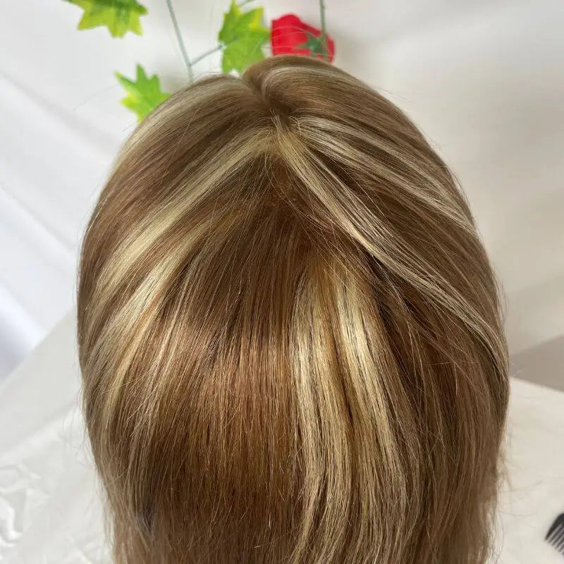 Custom Wigs Full Swiss Lace Human Hair Wig Toupee For Men 10inch Long Toupee Hair Wigs 6# Brown Color with 613 Blonde Hair System 10x8 inch Cap Base Size