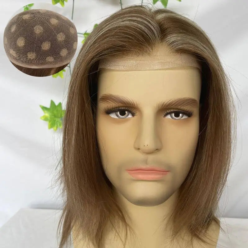 Custom Wigs Full Swiss Lace Human Hair Wig Toupee For Men 10inch Long Toupee Hair Wigs 6# Brown Color with 613 Blonde Hair System 10x8 inch Cap Base Size