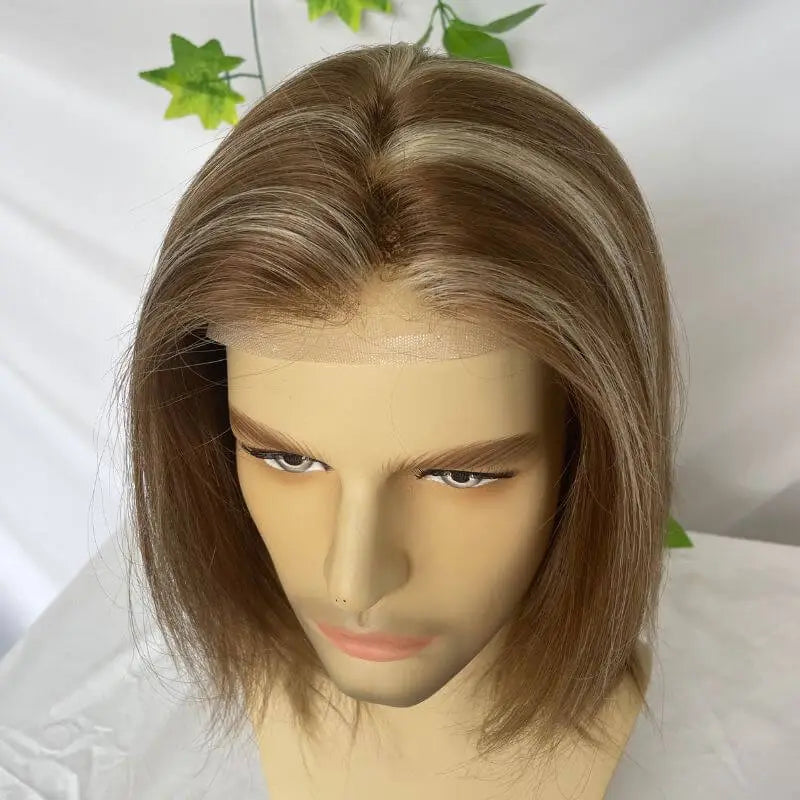 Custom Wigs Full Swiss Lace Human Hair Wig Toupee For Men 10inch Long Toupee Hair Wigs 6# Brown Color with 613 Blonde Hair System 10x8 inch Cap Base Size