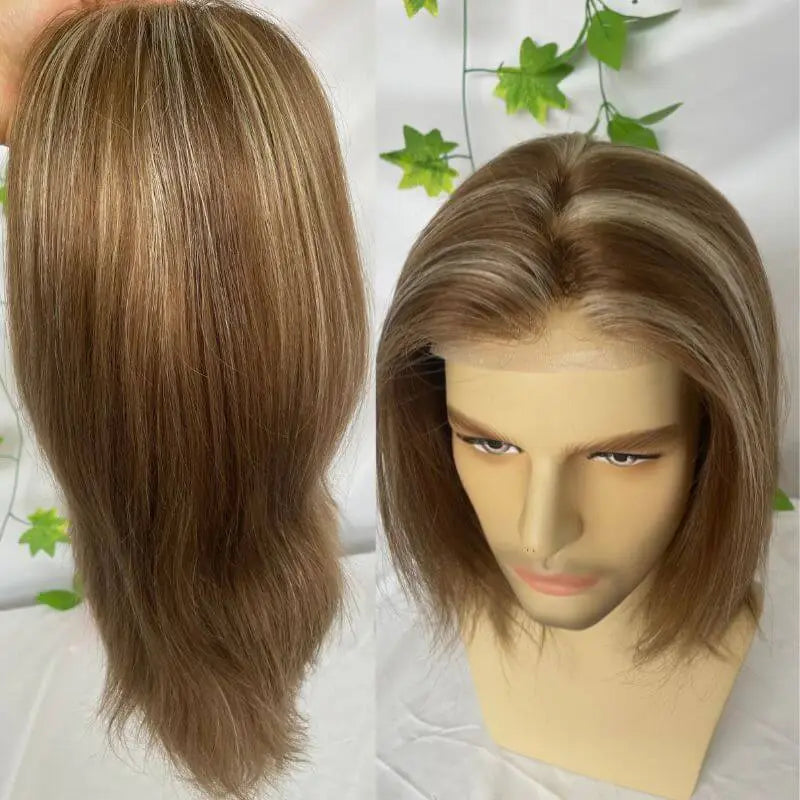 Custom Wigs Full Swiss Lace Human Hair Wig Toupee For Men 10inch Long Toupee Hair Wigs 6# Brown Color with 613 Blonde Hair System 10x8 inch Cap Base Size