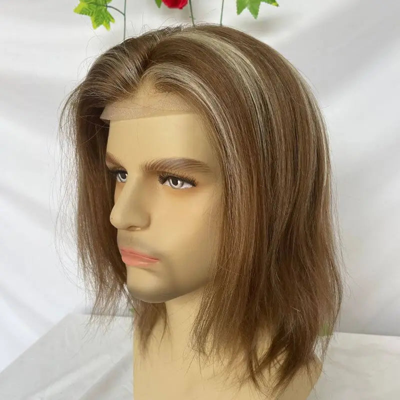 Custom Wigs Full Swiss Lace Human Hair Wig Toupee For Men 10inch Long Toupee Hair Wigs 6# Brown Color with 613 Blonde Hair System 10x8 inch Cap Base Size