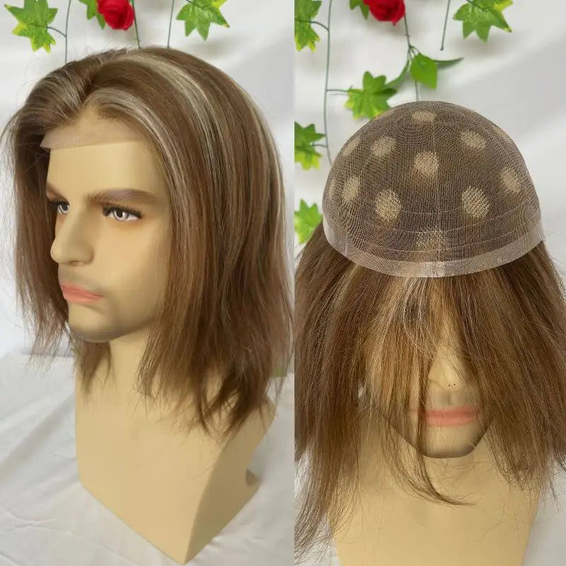 Custom Wigs Full Swiss Lace Human Hair Wig Toupee For Men 10inch Long Toupee Hair Wigs 6# Brown Color with 613 Blonde Hair System 10x8 inch Cap Base Size