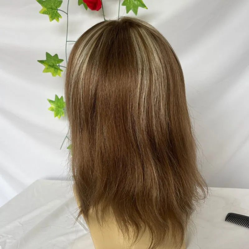 Custom Wigs Full Swiss Lace Human Hair Wig Toupee For Men 10inch Long Toupee Hair Wigs 6# Brown Color with 613 Blonde Hair System 10x8 inch Cap Base Size