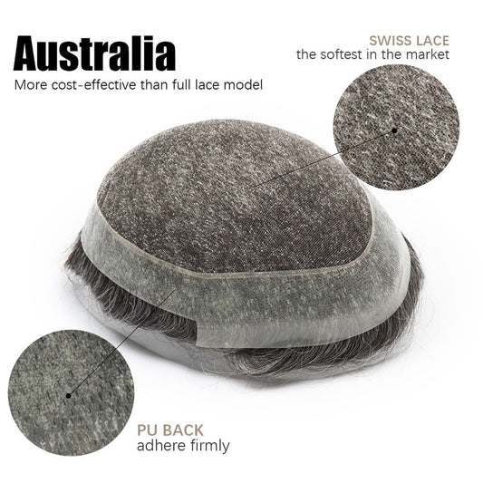 Australian-Style Men's Toupee - Lace Center with PU Perimeter, Natural Human Hair System