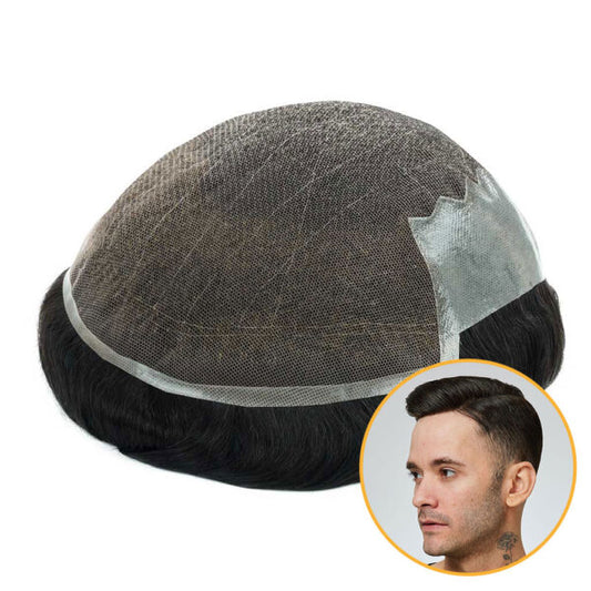 Q6 Swiss Lace Men's Toupee with PU Sides and Back – Premium Hair System for Men