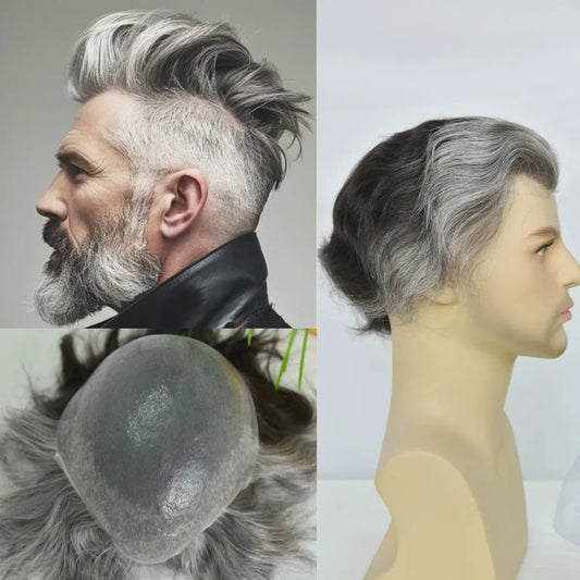 Custom Toupee V-looped Thin Skin Base Hair System 1B60 60% White Synthetic Hair in Front Hairline 40% 1B# Color in Back Hairpiece For Men Hair Replacement 10x8 9x7