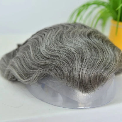 Custom Toupee V-looped Thin Skin Base Hair System 1B60 60% White Synthetic Hair in Front Hairline 40% 1B# Color in Back Hairpiece For Men Hair Replacement 10x8 9x7