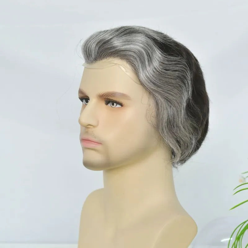 Custom Toupee V-looped Thin Skin Base Hair System 1B60 60% White Synthetic Hair in Front Hairline 40% 1B# Color in Back Hairpiece For Men Hair Replacement 10x8 9x7