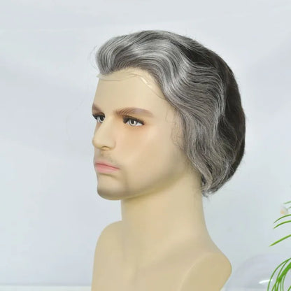 Custom Toupee V-looped Thin Skin Base Hair System 1B60 60% White Synthetic Hair in Front Hairline 40% 1B# Color in Back Hairpiece For Men Hair Replacement 10x8 9x7