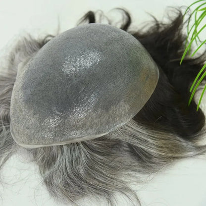 Custom Toupee V-looped Thin Skin Base Hair System 1B60 60% White Synthetic Hair in Front Hairline 40% 1B# Color in Back Hairpiece For Men Hair Replacement 10x8 9x7