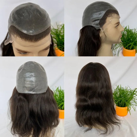 Customize Mens Toupee Hairpieces for Men Human Hair Replacement Wigs Lace Front with PU with Elastic Net Cap Base Hair Prosthesis