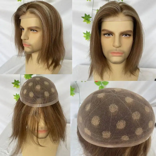Custom Wigs Full Swiss Lace Human Hair Wig Toupee For Men 10inch Long Toupee Hair Wigs 6# Brown Color with 613 Blonde Hair System 10x8 inch Cap Base Size