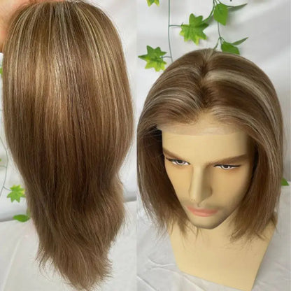 Custom Wigs Full Swiss Lace Human Hair Wig Toupee For Men 10inch Long Toupee Hair Wigs 6# Brown Color with 613 Blonde Hair System 10x8 inch Cap Base Size