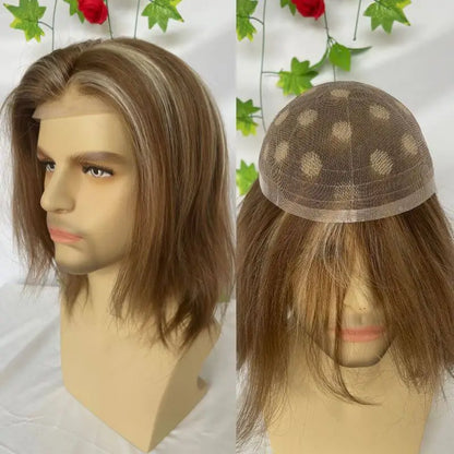 Custom Wigs Full Swiss Lace Human Hair Wig Toupee For Men 10inch Long Toupee Hair Wigs 6# Brown Color with 613 Blonde Hair System 10x8 inch Cap Base Size