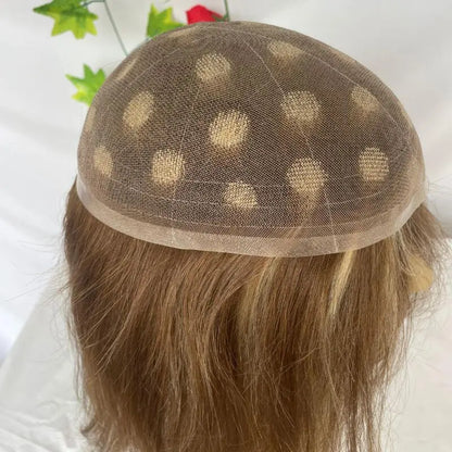 Custom Wigs Full Swiss Lace Human Hair Wig Toupee For Men 10inch Long Toupee Hair Wigs 6# Brown Color with 613 Blonde Hair System 10x8 inch Cap Base Size